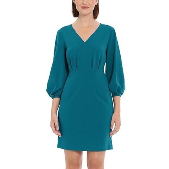 Donna Morgan Dress Puff 3/4 Sleeve V-Neck Bodycon Mini Ocean Depths NWT Size 6 - Picture 1 of 10